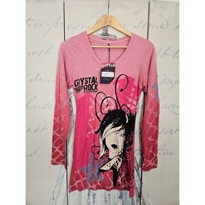 Crystal Rock by Christian Audigier Rocker Girl Graphic Tee Pink Rhinestone L NEW
